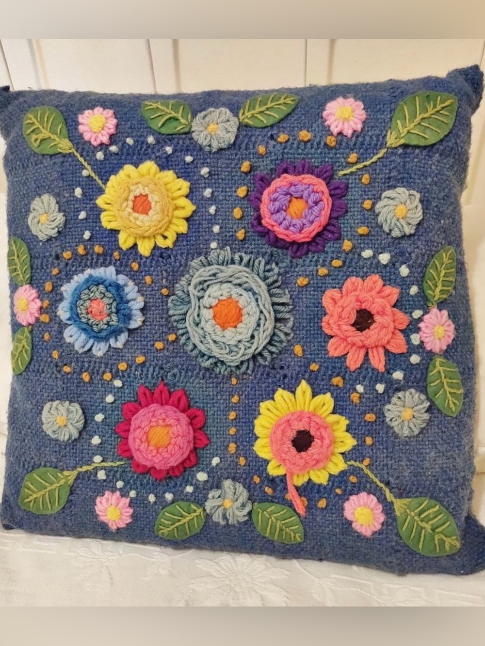 Vintage Wool Crewel Embroidered Pillow MOD Funky Flower Print Handmade 3D